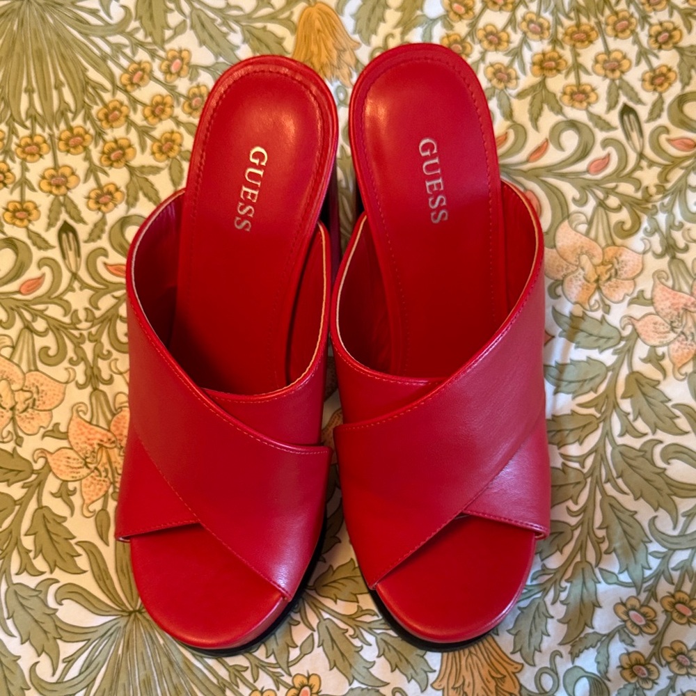 GUESS Red Crisscross Leather Slide Heels